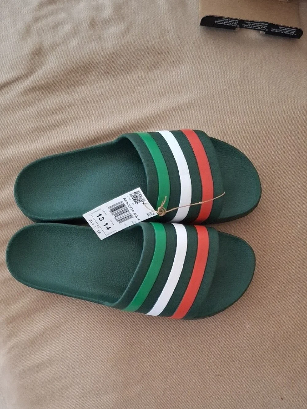 adidas Adilette Aqua Slide Sandals in Green with Red and White Stripes